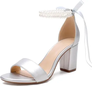 Women's Wedding Block Heels for Bride Women Pearls Chunky Heeled Pumps Open Toe Bridal Shoes Sandals
