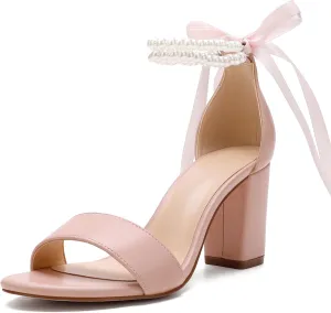 Women's Wedding Block Heels for Bride Women Pearls Chunky Heeled Pumps Open Toe Bridal Shoes Sandals