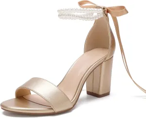 Women's Wedding Block Heels for Bride Women Pearls Chunky Heeled Pumps Open Toe Bridal Shoes Sandals