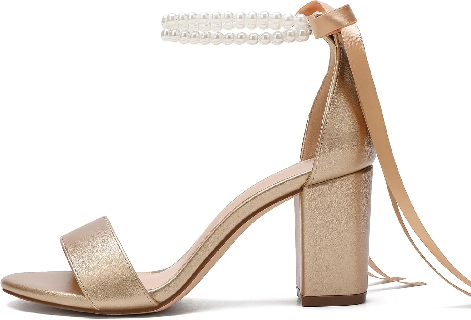 Women's Wedding Block Heels for Bride Women Pearls Chunky Heeled Pumps Open Toe Bridal Shoes Sandals