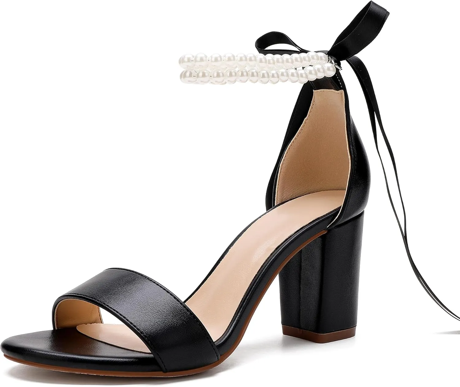 Women's Wedding Block Heels for Bride Women Pearls Chunky Heeled Pumps Open Toe Bridal Shoes Sandals