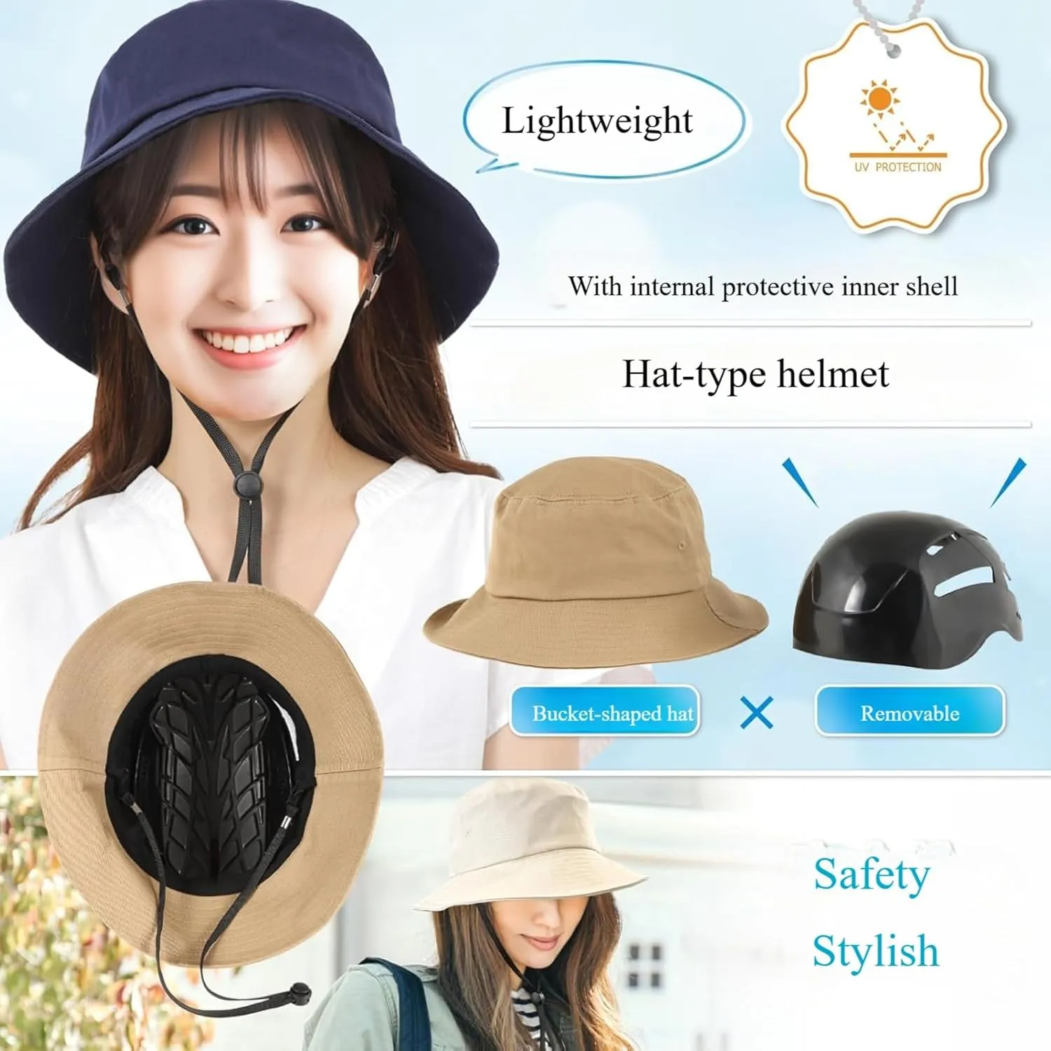 Women's Wide Brim Bucket hat, Bicycle Riding Helmet with Built-in Hard Shell, Lightweight Sun hat, Men's Mountaineering hat