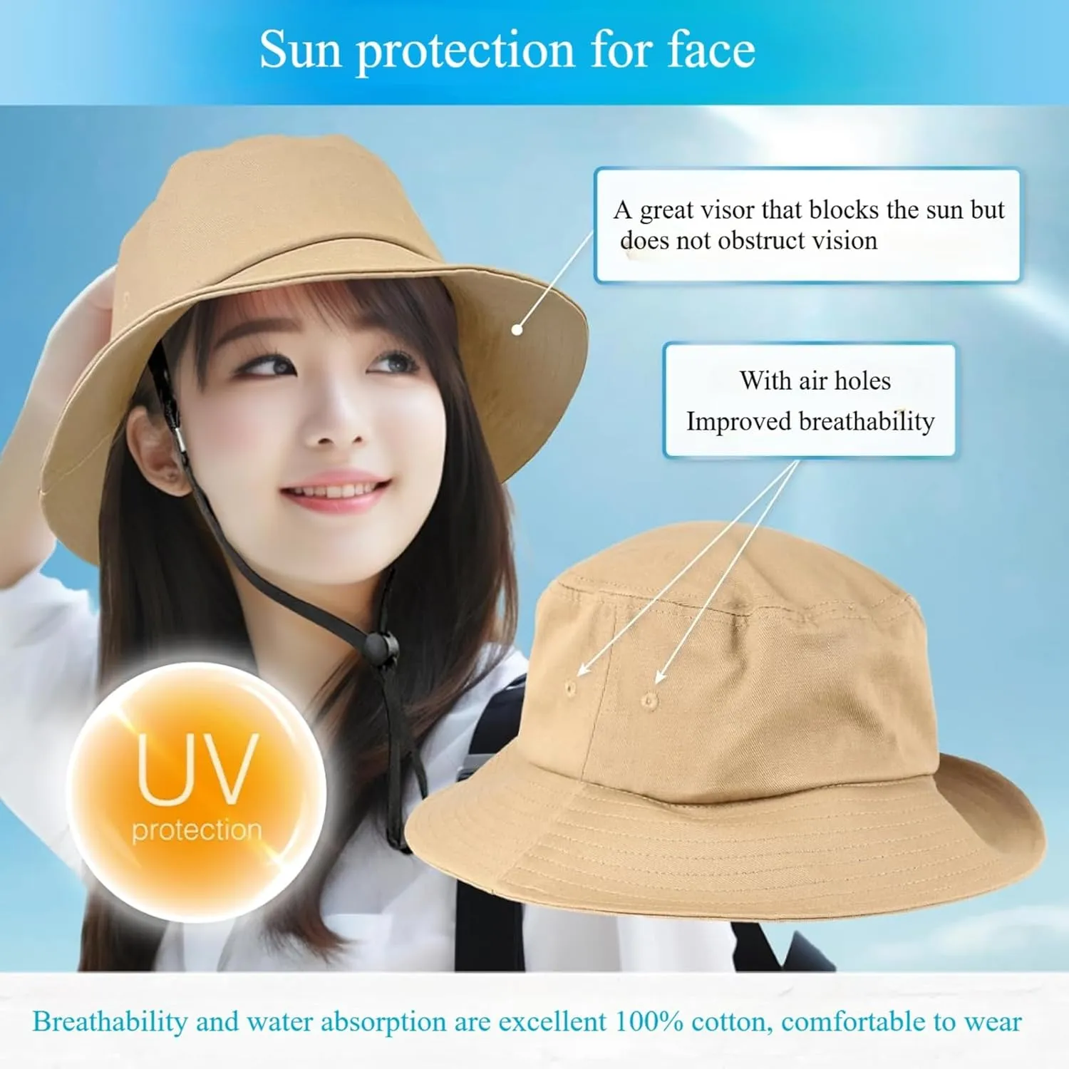 Women's Wide Brim Bucket hat, Bicycle Riding Helmet with Built-in Hard Shell, Lightweight Sun hat, Men's Mountaineering hat