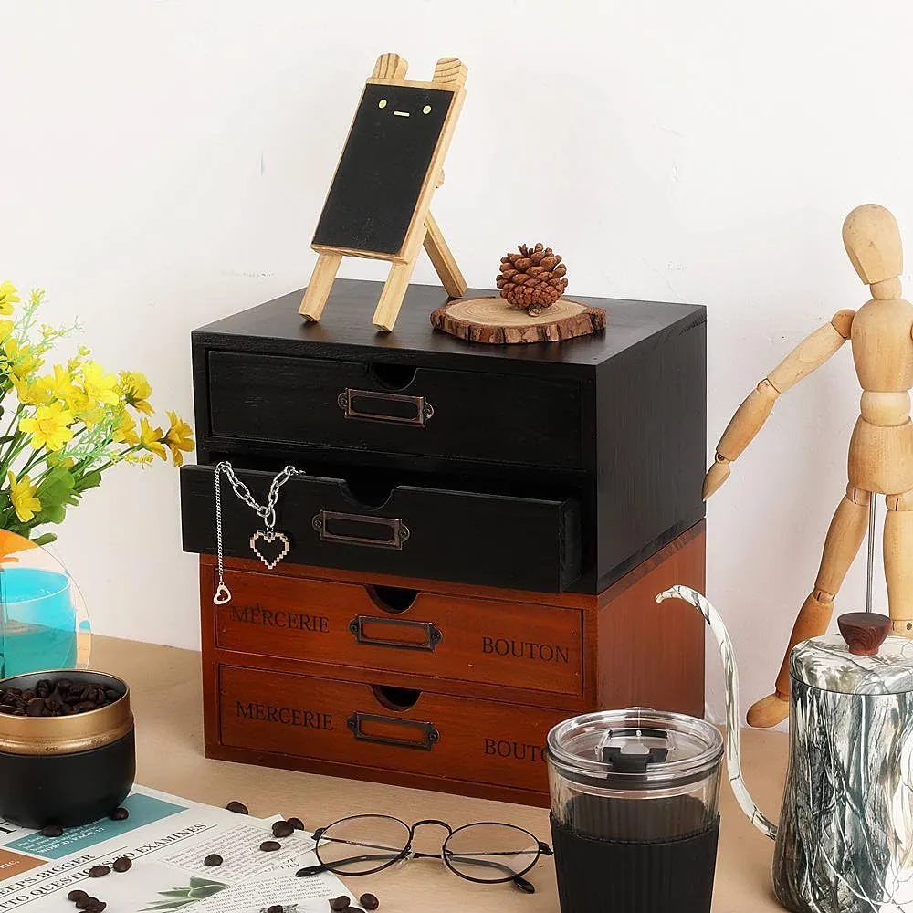 Wooden Storage Box Rustic Desktop Organizer with 2 Drawers Office Desk Accessories Shelf Small Craft Storage Containers Apothecary Cabinet and Chest Jewelry Holder for women(BLACK)