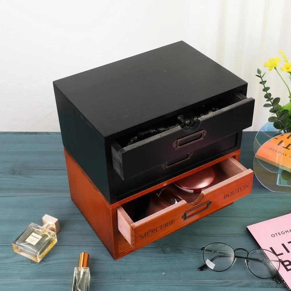 Wooden Storage Box Rustic Desktop Organizer with 2 Drawers Office Desk Accessories Shelf Small Craft Storage Containers Apothecary Cabinet and Chest Jewelry Holder for women(BLACK)