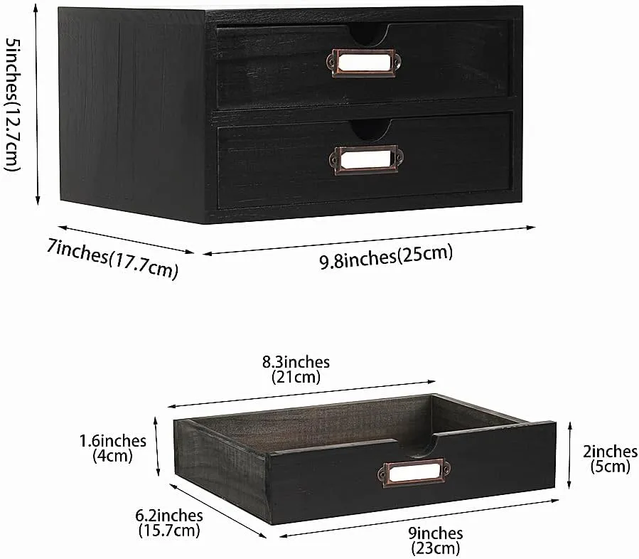 Wooden Storage Box Rustic Desktop Organizer with 2 Drawers Office Desk Accessories Shelf Small Craft Storage Containers Apothecary Cabinet and Chest Jewelry Holder for women(BLACK)