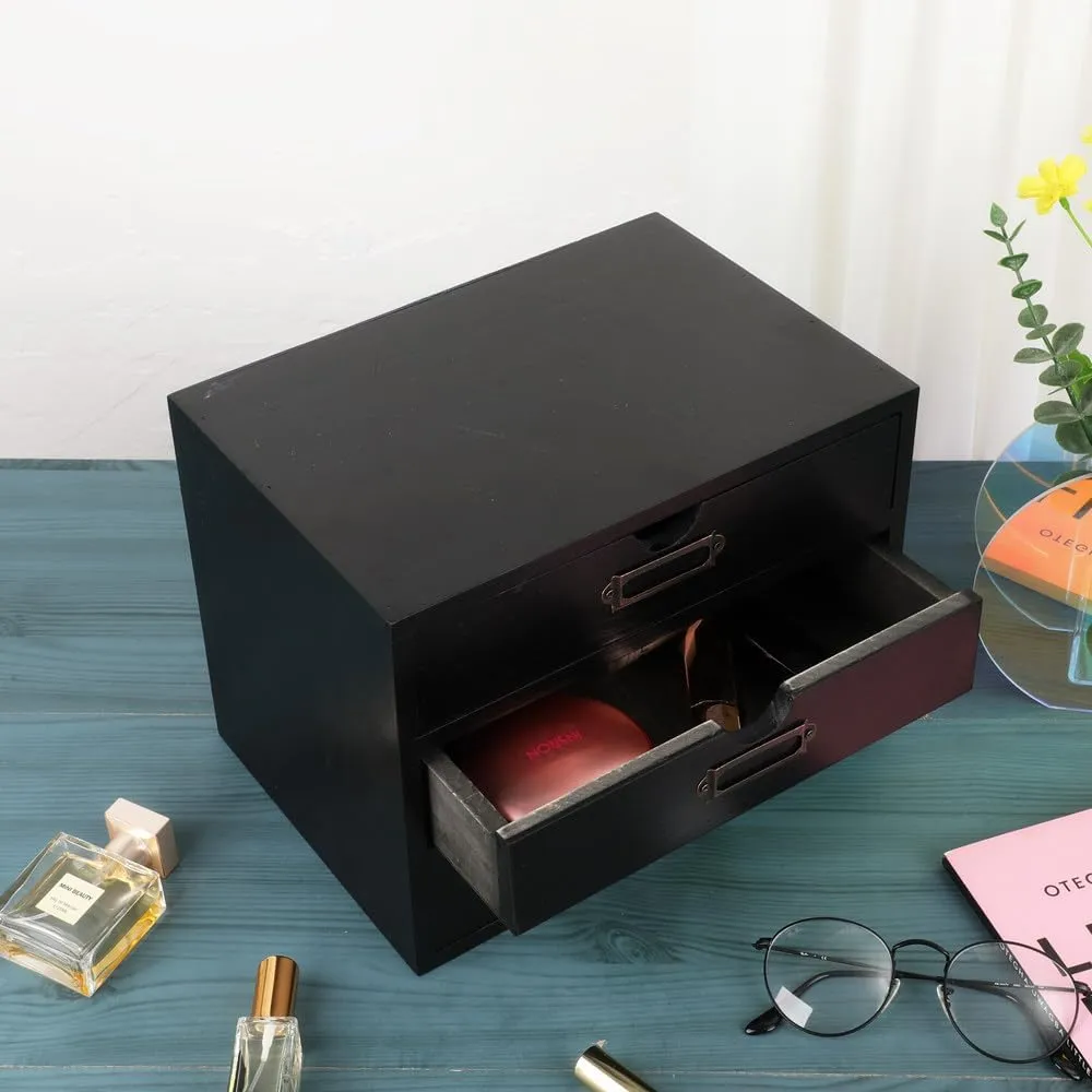 Wooden Storage Box Rustic Desktop Organizer with 3 Drawers Office Desk Accessories Shelf Small Craft Storage Containers Apothecary Cabinet and Chest Jewelry Holder for women(BLACK)