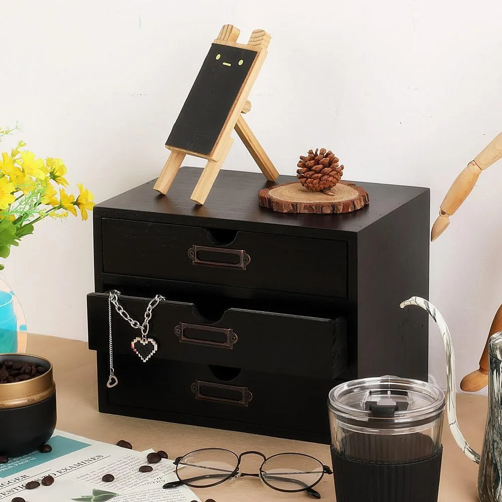 Wooden Storage Box Rustic Desktop Organizer with 3 Drawers Office Desk Accessories Shelf Small Craft Storage Containers Apothecary Cabinet and Chest Jewelry Holder for women(BLACK)