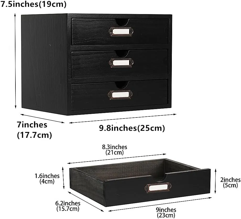 Wooden Storage Box Rustic Desktop Organizer with 3 Drawers Office Desk Accessories Shelf Small Craft Storage Containers Apothecary Cabinet and Chest Jewelry Holder for women(BLACK)