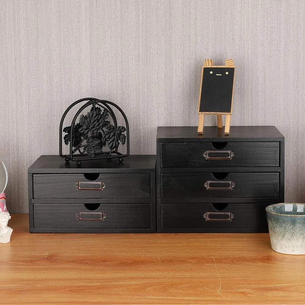 Wooden Storage Box Rustic Desktop Organizer with 3 Drawers Office Desk Accessories Shelf Small Craft Storage Containers Apothecary Cabinet and Chest Jewelry Holder for women(BLACK)