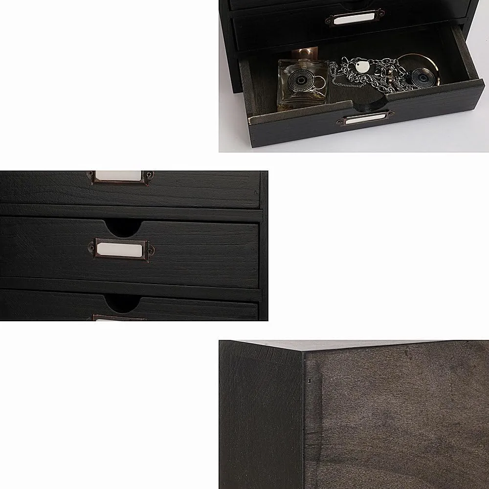 Wooden Storage Box Rustic Desktop Organizer with 3 Drawers Office Desk Accessories Shelf Small Craft Storage Containers Apothecary Cabinet and Chest Jewelry Holder for women(BLACK)