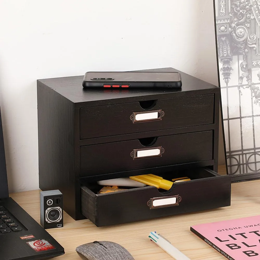 Wooden Storage Box Rustic Desktop Organizer with 3 Drawers Office Desk Accessories Shelf Small Craft Storage Containers Apothecary Cabinet and Chest Jewelry Holder for women(BLACK)