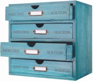 Wooden Storage Box with 4 Drawers Vintage Office Supplies and Accessories Letter Tray Wood Desktop School Supply Organizer Library Card Catalog Cabinet with Lables Rustic Jewelry Box (BLUE)
