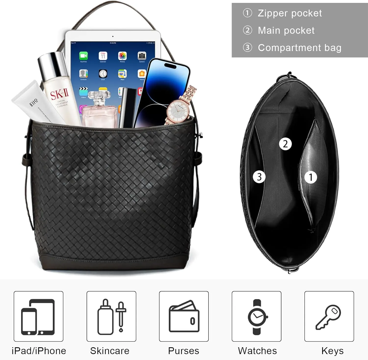 Woven Shoulder Bag For Women Vegan Leather Bucket Bag Large Capacity Tote Bag Trendy Hobo Handbag Purse