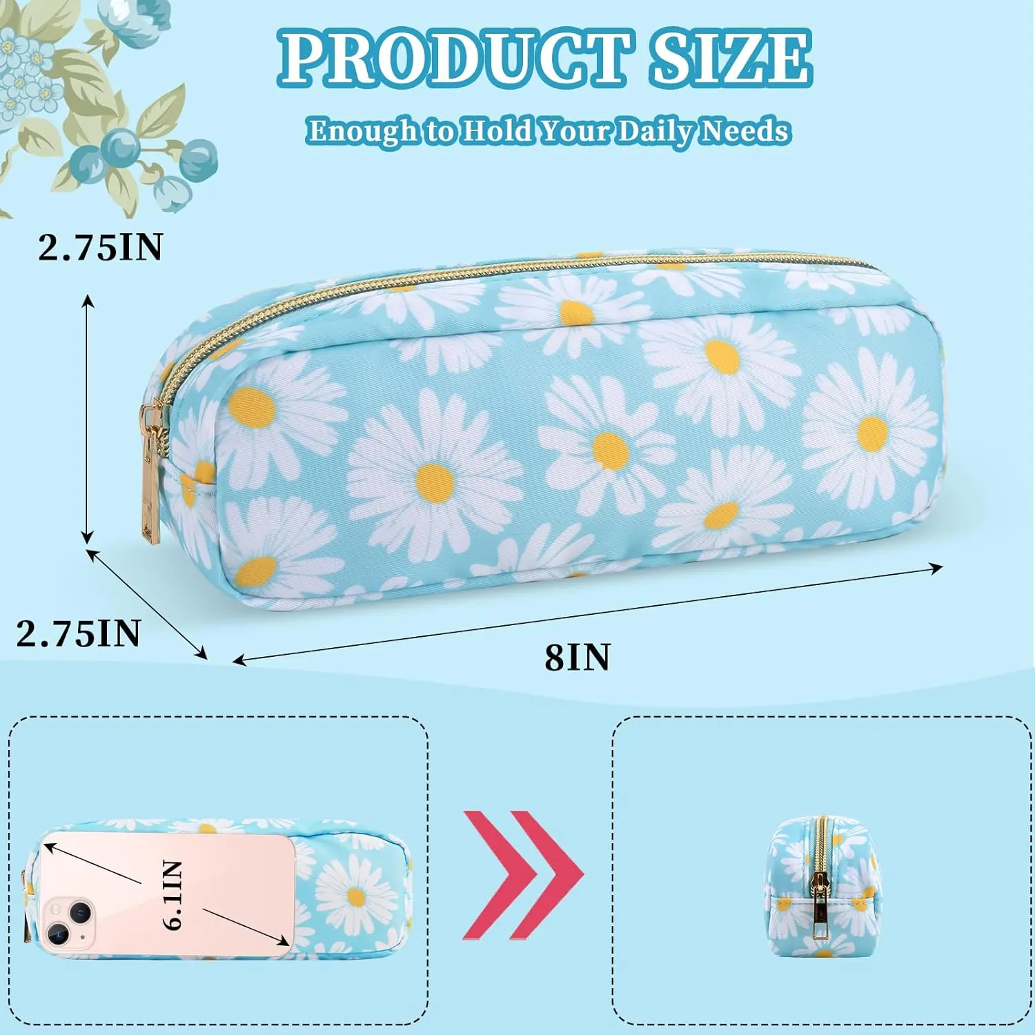 XSUIOY Floral Small Makeup Bag for Purse Nylon Pencil Pouch, Coquette Aesthetic Makeup Bag Cute Preppy Cosmetic Bag, Makeup Brushes Storage Bag Waterproof Travel Toiletry Bag Organizer(Blue Floral)