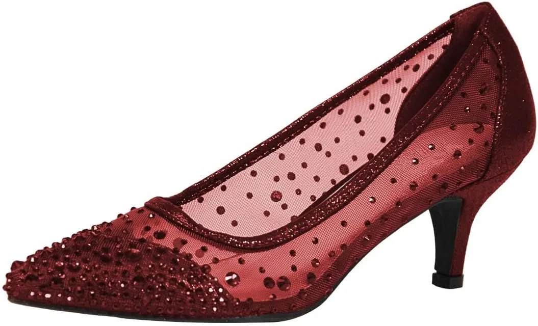 XYD Women's Pointed Closed Toe Slip On Graceful Mesh Pumps Rhinestone Studs Comfy Kitten Heels Shoes for Mother Brides Wedding Party