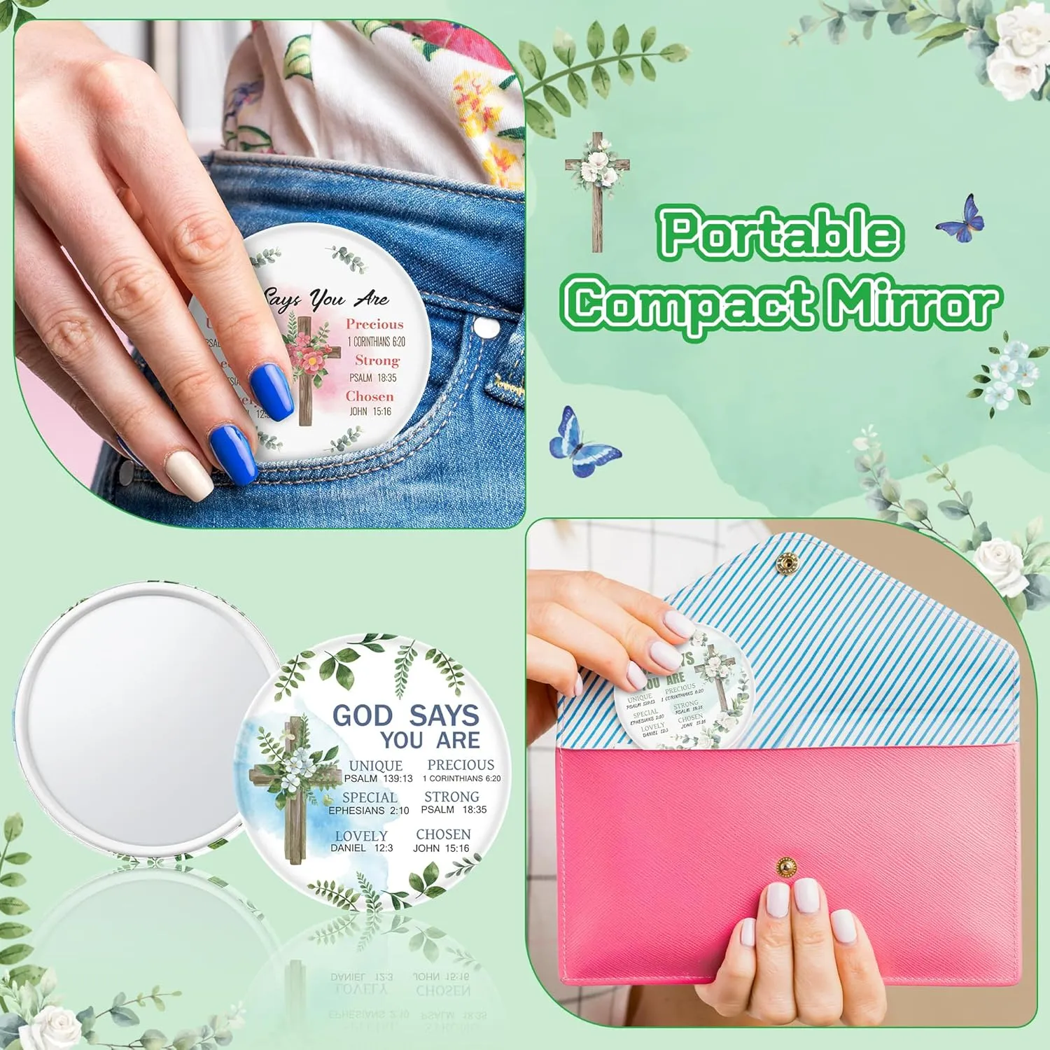 Y1tvei Christian Gifts Compact Mirror - 36Pcs Flower Cross God Say You are Bible Verse Mini Compact Mirrors Inspirational Portable Pocket Makeup Mirror for Church Party Favors for Women Mothers’ Day