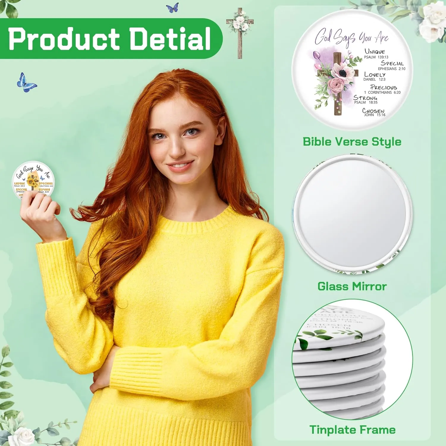 Y1tvei Christian Gifts Compact Mirror - 36Pcs Flower Cross God Say You are Bible Verse Mini Compact Mirrors Inspirational Portable Pocket Makeup Mirror for Church Party Favors for Women Mothers’ Day