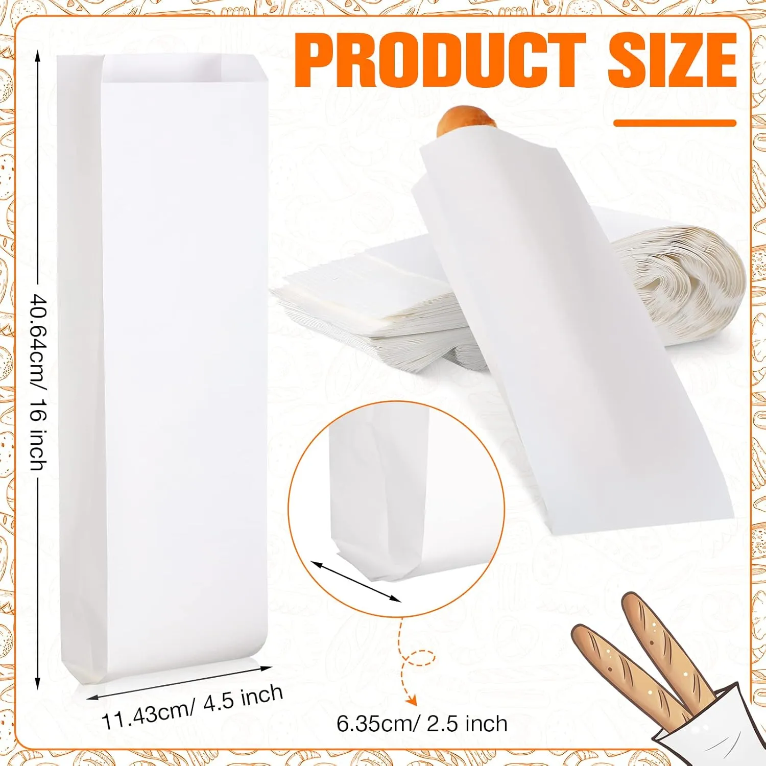 Yahenda 150 Pieces Paper Bread Bag Paper Storage Bags Disposable Homemade Long Bread Cookie Packaging for Bakery or Food Baking, 4.5 x 2.5 x 16 Inches(White)