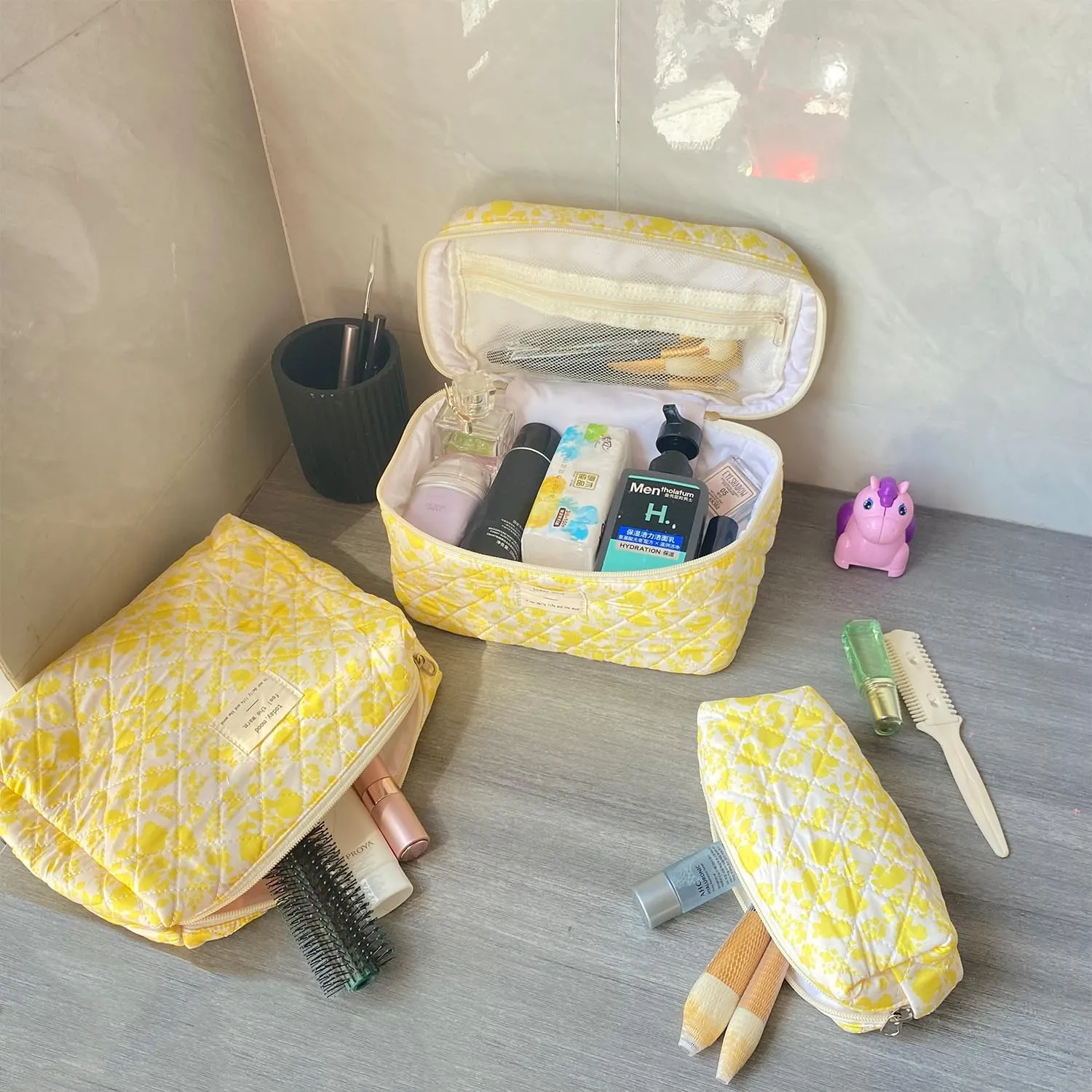 Yellow Large Quilted Floral Makeup Bag Set of 3 Cute Coquette Aesthetic Cosmetic Bag Set Travel Toiletry Bag for Women