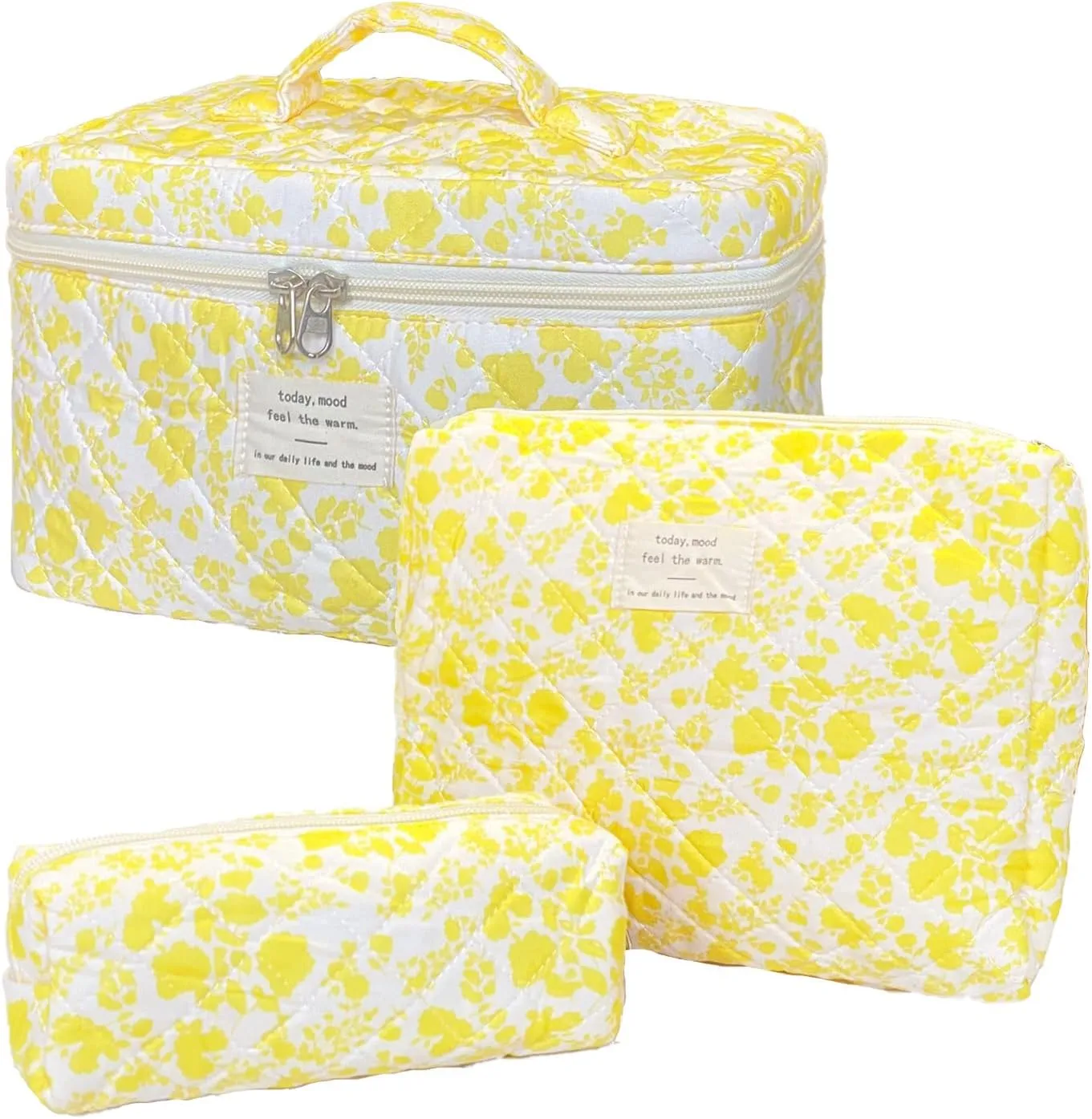 Yellow Large Quilted Floral Makeup Bag Set of 3 Cute Coquette Aesthetic Cosmetic Bag Set Travel Toiletry Bag for Women