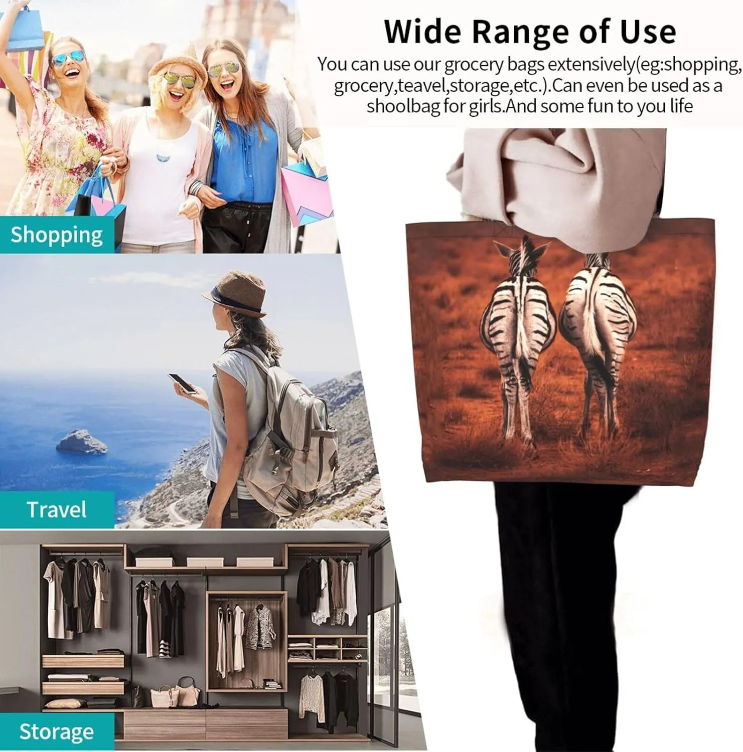 Zebra Back View Tote Bag Shopping Bag Portable Handbags Tote Shoulder Bucket Bags for Women