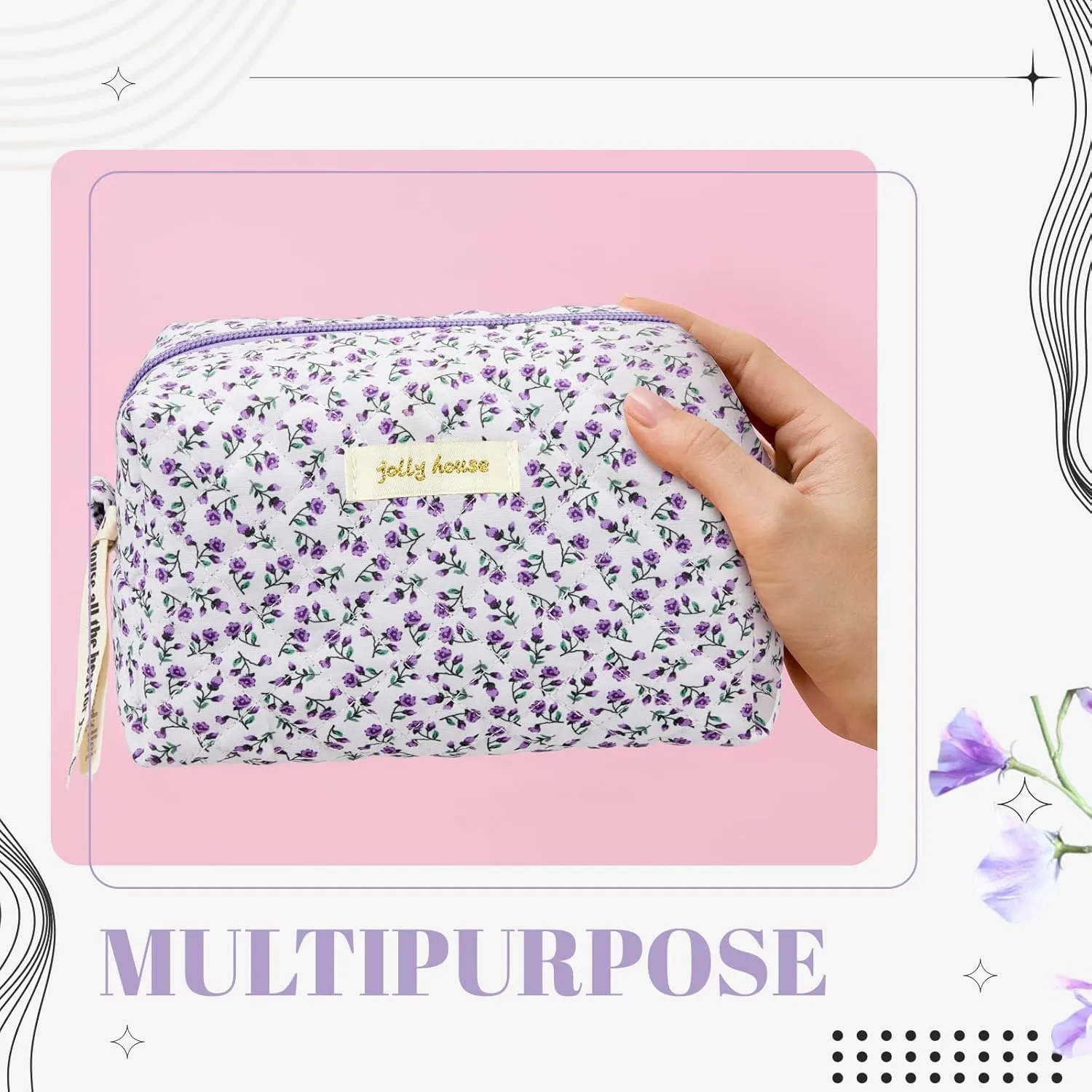 Zeyune 2 Pcs Quilted Makeup Bag Cotton Floral Aesthetic Makeup Pouch Gifts Travel Cosmetic Bag Flower Cute Brush Case Toiletry Pouch for Women Cosmetics Storage(Purple,Vivid Style)