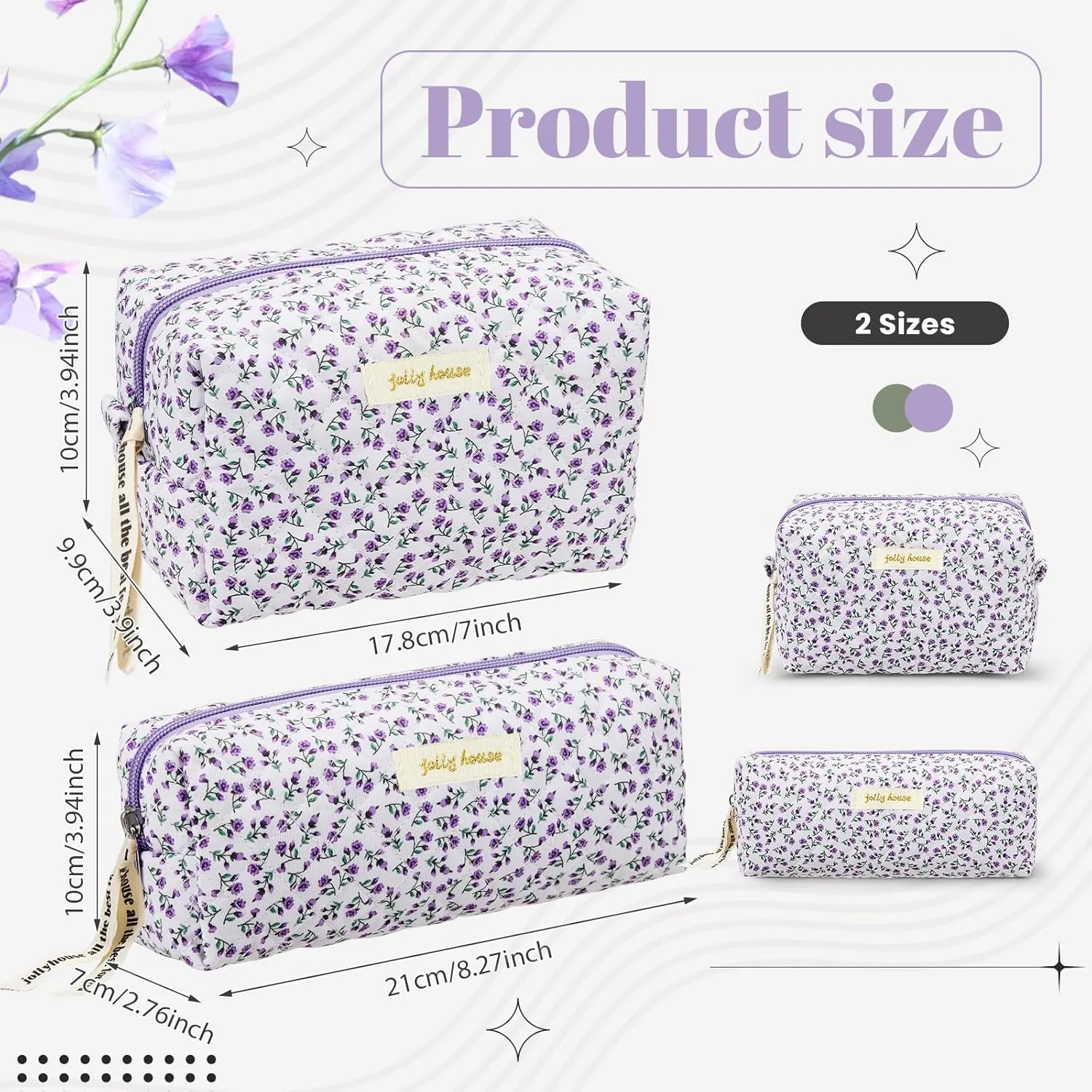Zeyune 2 Pcs Quilted Makeup Bag Cotton Floral Aesthetic Makeup Pouch Gifts Travel Cosmetic Bag Flower Cute Brush Case Toiletry Pouch for Women Cosmetics Storage(Purple,Vivid Style)