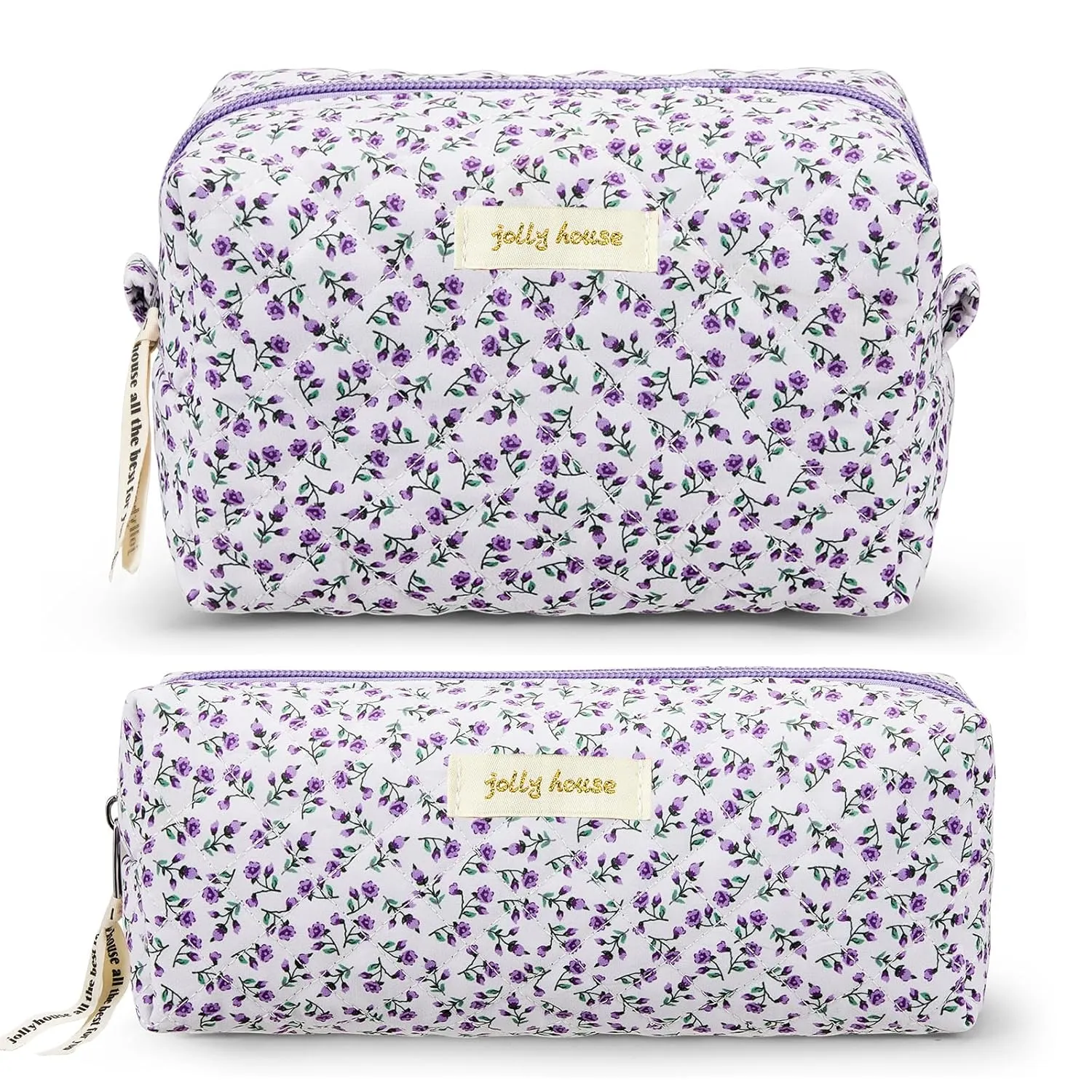 Zeyune 2 Pcs Quilted Makeup Bag Cotton Floral Aesthetic Makeup Pouch Gifts Travel Cosmetic Bag Flower Cute Brush Case Toiletry Pouch for Women Cosmetics Storage(Purple,Vivid Style)