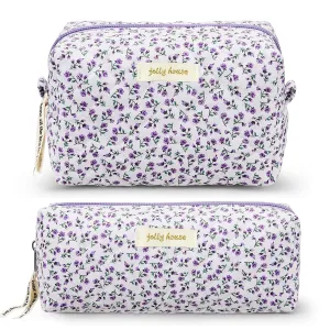 Zeyune 2 Pcs Quilted Makeup Bag Cotton Floral Aesthetic Makeup Pouch Gifts Travel Cosmetic Bag Flower Cute Brush Case Toiletry Pouch for Women Cosmetics Storage(Purple,Vivid Style)