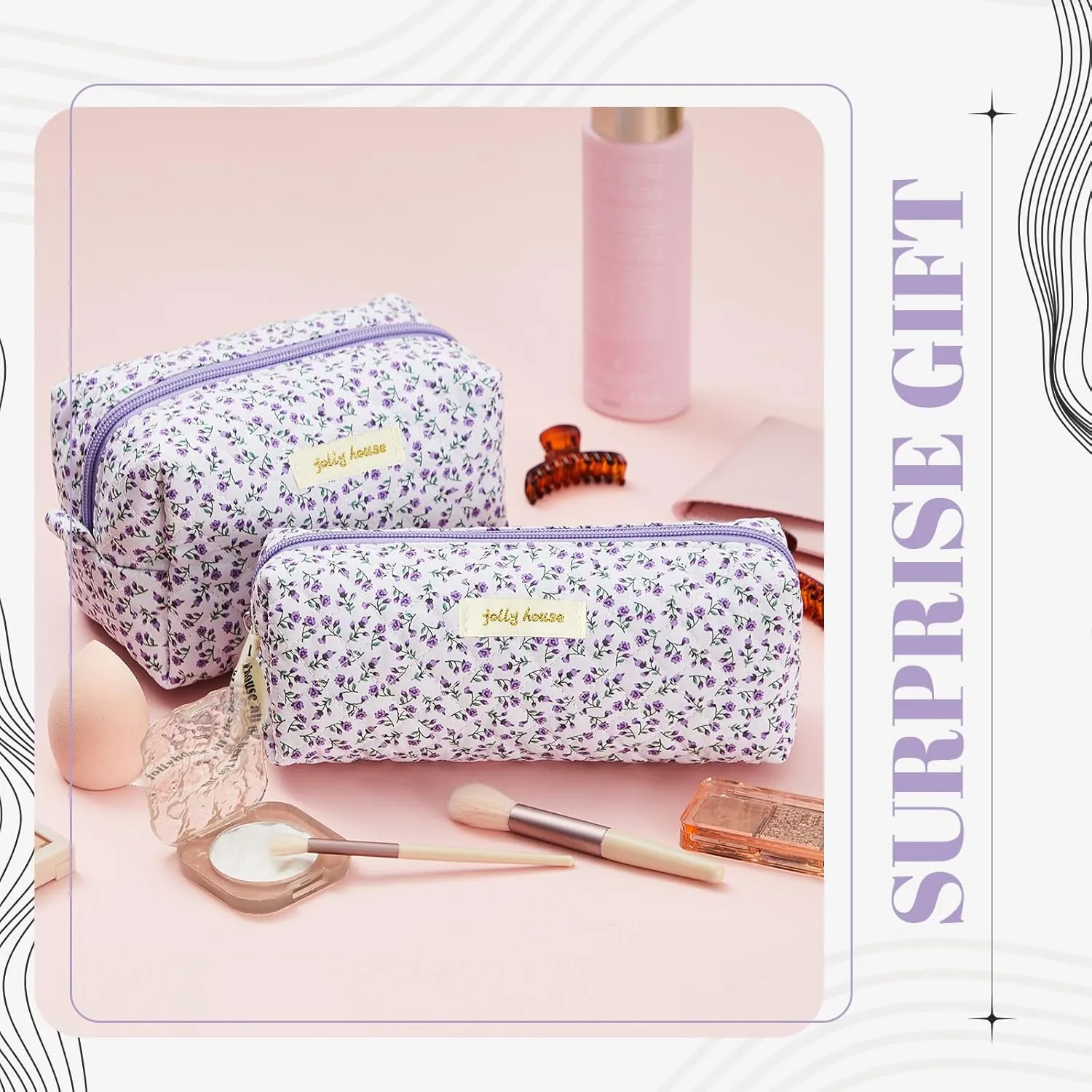 Zeyune 2 Pcs Quilted Makeup Bag Cotton Floral Aesthetic Makeup Pouch Gifts Travel Cosmetic Bag Flower Cute Brush Case Toiletry Pouch for Women Cosmetics Storage(Purple,Vivid Style)