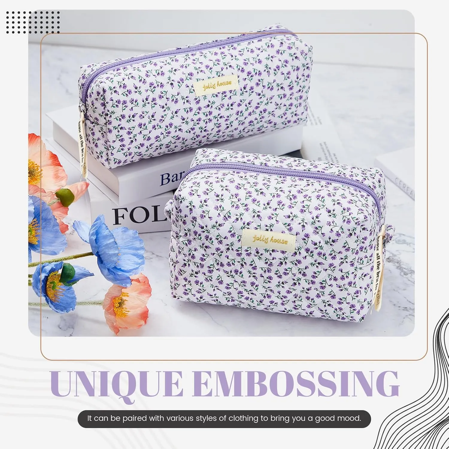 Zeyune 2 Pcs Quilted Makeup Bag Cotton Floral Aesthetic Makeup Pouch Gifts Travel Cosmetic Bag Flower Cute Brush Case Toiletry Pouch for Women Cosmetics Storage(Purple,Vivid Style)