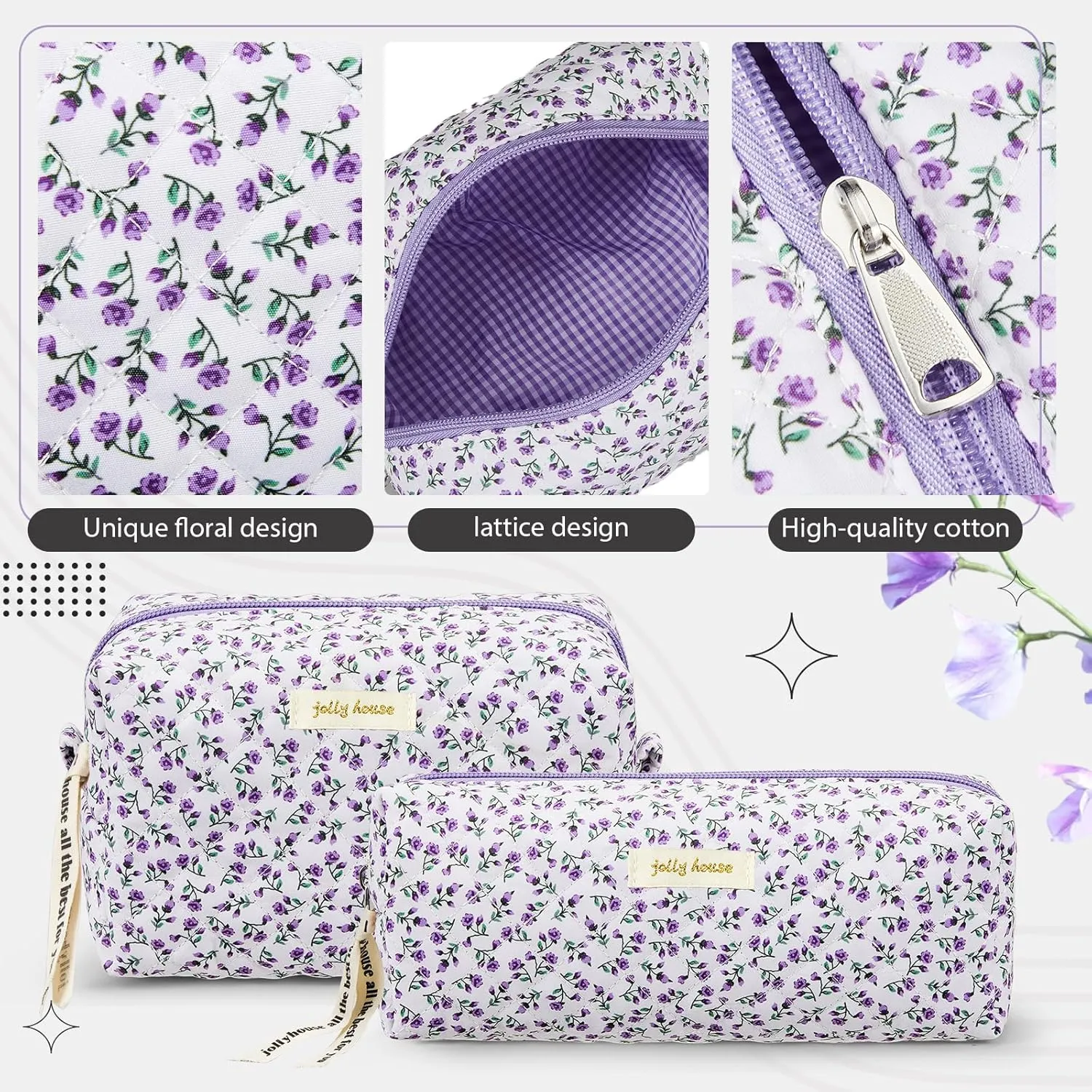 Zeyune 2 Pcs Quilted Makeup Bag Cotton Floral Aesthetic Makeup Pouch Gifts Travel Cosmetic Bag Flower Cute Brush Case Toiletry Pouch for Women Cosmetics Storage(Purple,Vivid Style)