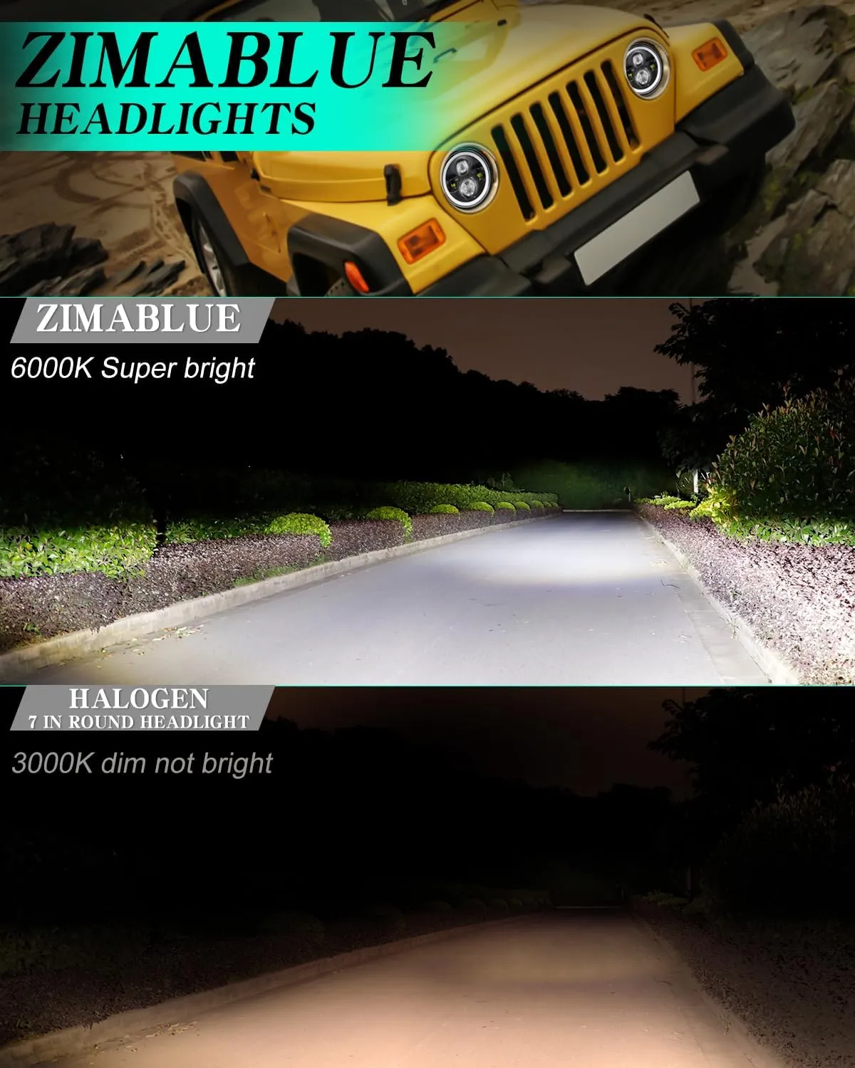 ZIMABLUE 7 inch led Headlight Round 2pc Projector 7 inch Halo led Headlight H6024 DOT Approved Hi/Lo Beam DRL Amber Turn Signal Compatible with Jeep Wrangler JK TJ CJ Compatible with Chevy and miata