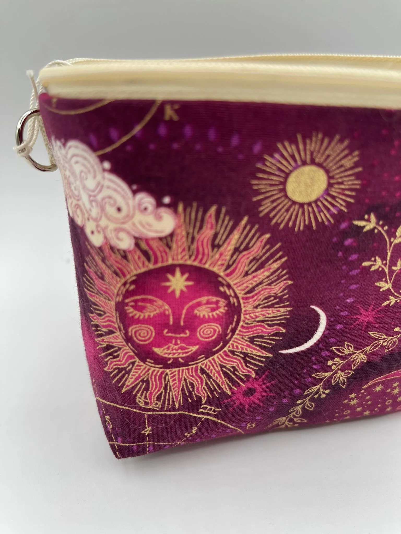 Zipper Bucket Bag - Moon and Sun on Maroon