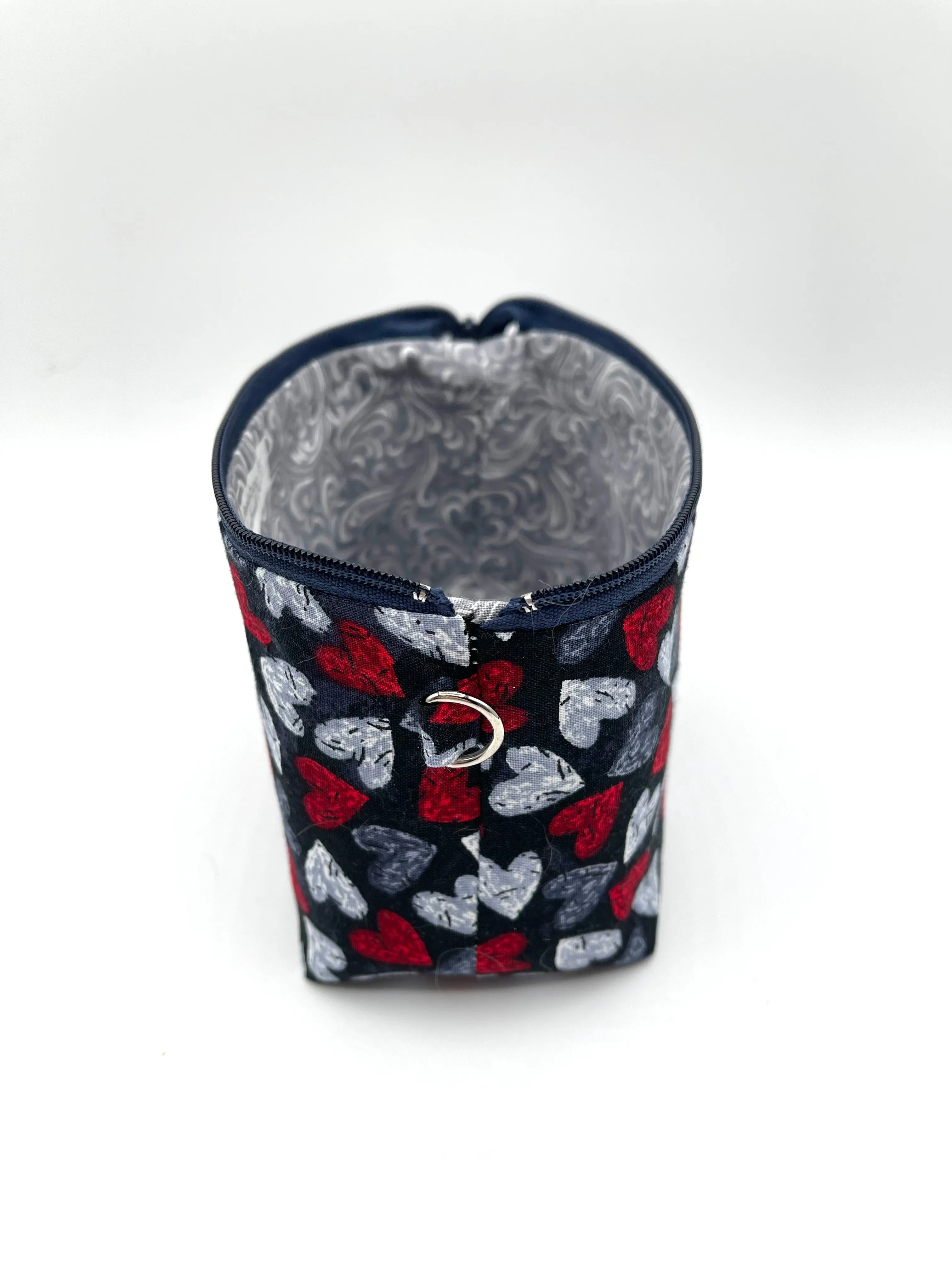 Zipper Bucket Bag - Red and Gray Hearts on Black