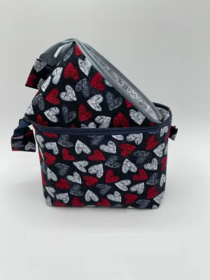 Zipper Bucket Bag - Red and Gray Hearts on Black