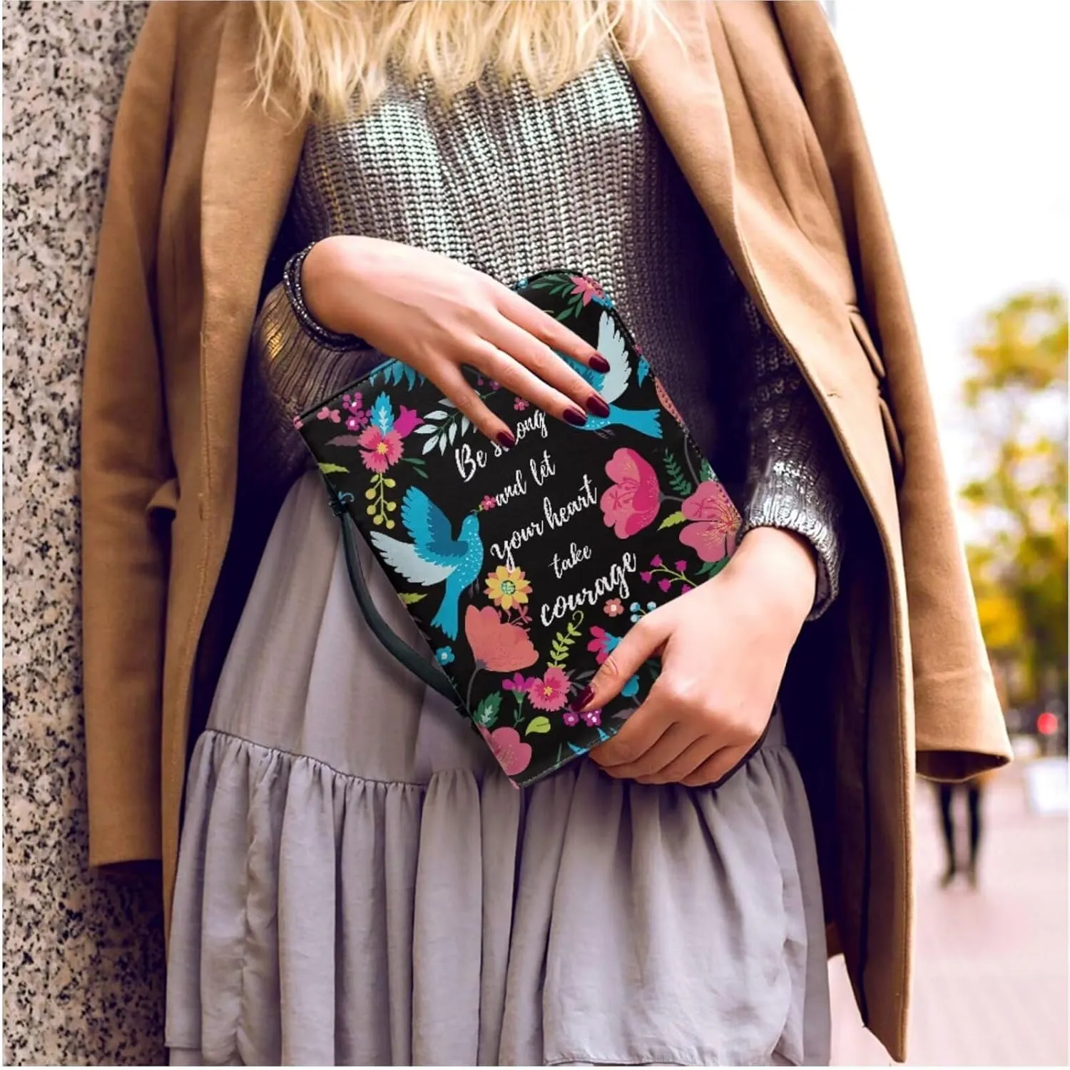 Zippered Bible Cover Bible Protector Pigeon Verse Floral Bible Organizer Study Accessories with Handle Pockets PU Leather Bible Handbag with Key Ring Lanyard
