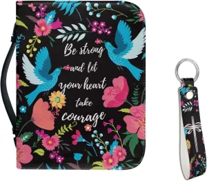 Zippered Bible Cover Bible Protector Pigeon Verse Floral Bible Organizer Study Accessories with Handle Pockets PU Leather Bible Handbag with Key Ring Lanyard
