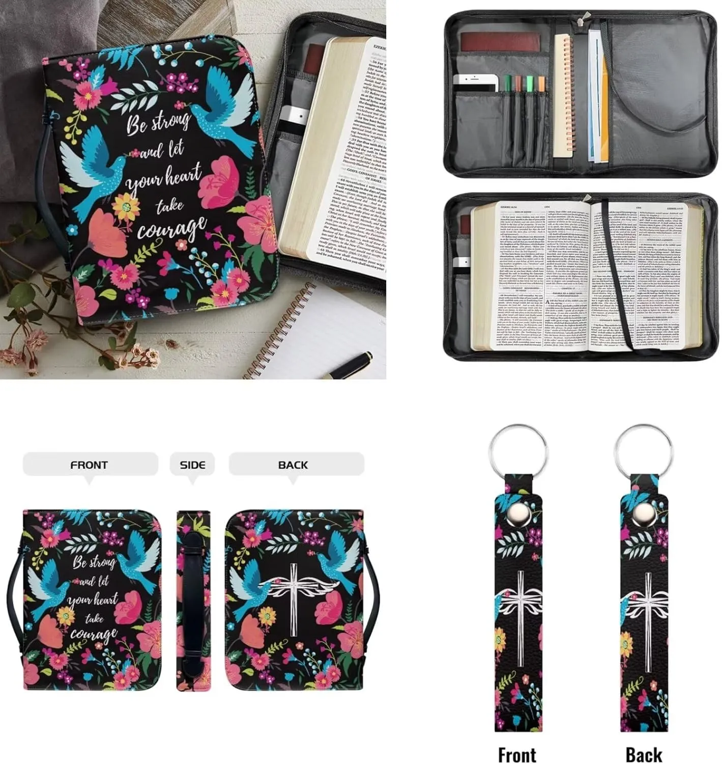 Zippered Bible Cover Bible Protector Pigeon Verse Floral Bible Organizer Study Accessories with Handle Pockets PU Leather Bible Handbag with Key Ring Lanyard