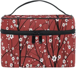 ZOEO Makeup Train Case Cherry Red Floral Plum Korean Carrying Portable Zip Travel Cosmetic Brush Bag Organizer Large for Girls Women